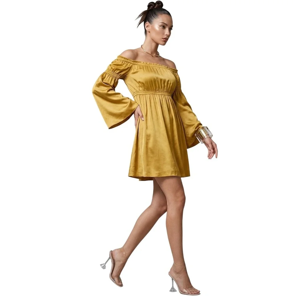 SHORE Shore Brand Off-the-Shoulder Mini Dress XL Gold Boho‎ Romantic NWT $198 - Picture 4 of 14